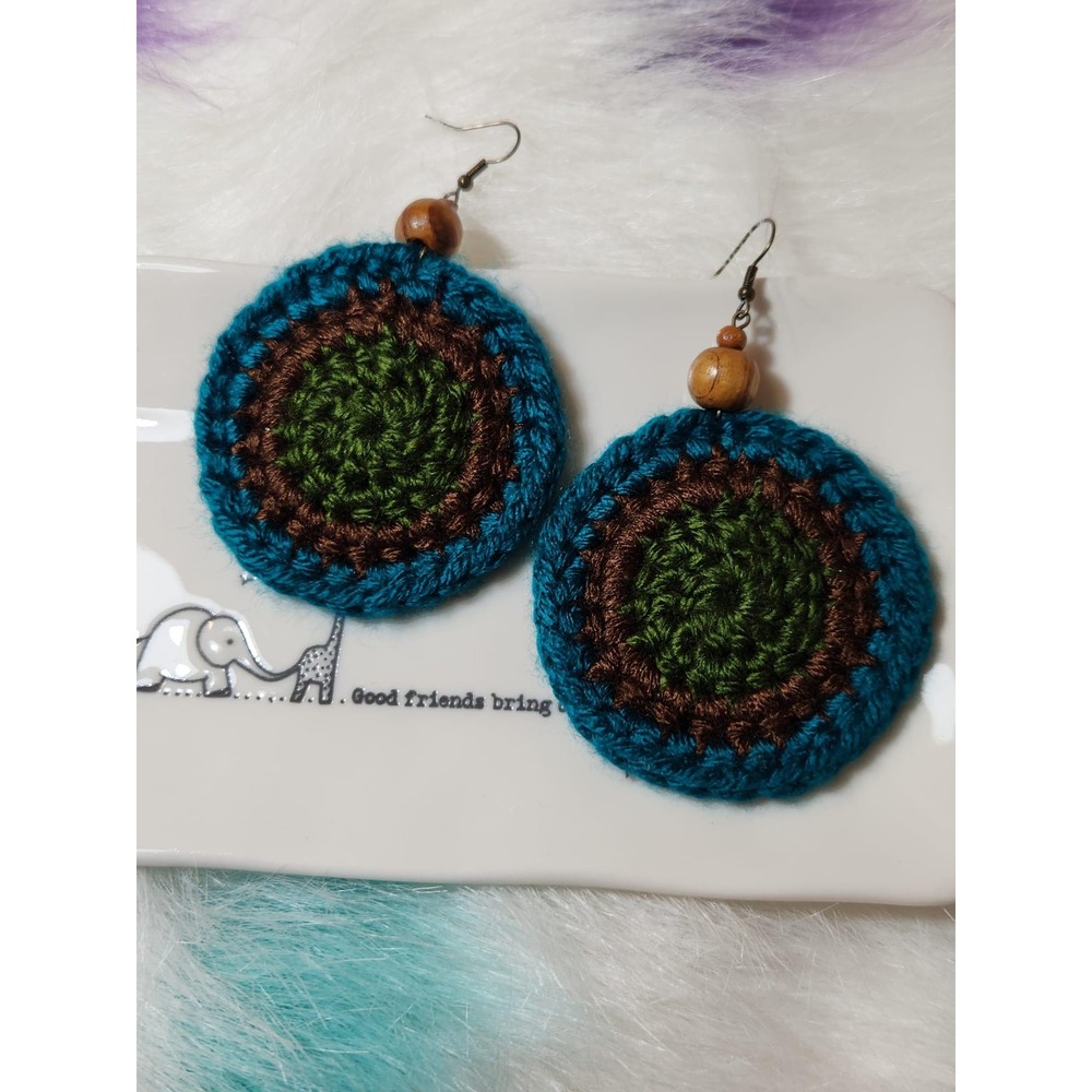 Round Crochet Earrings: Island Green‎ Acrylic Yarn with Wood Beads